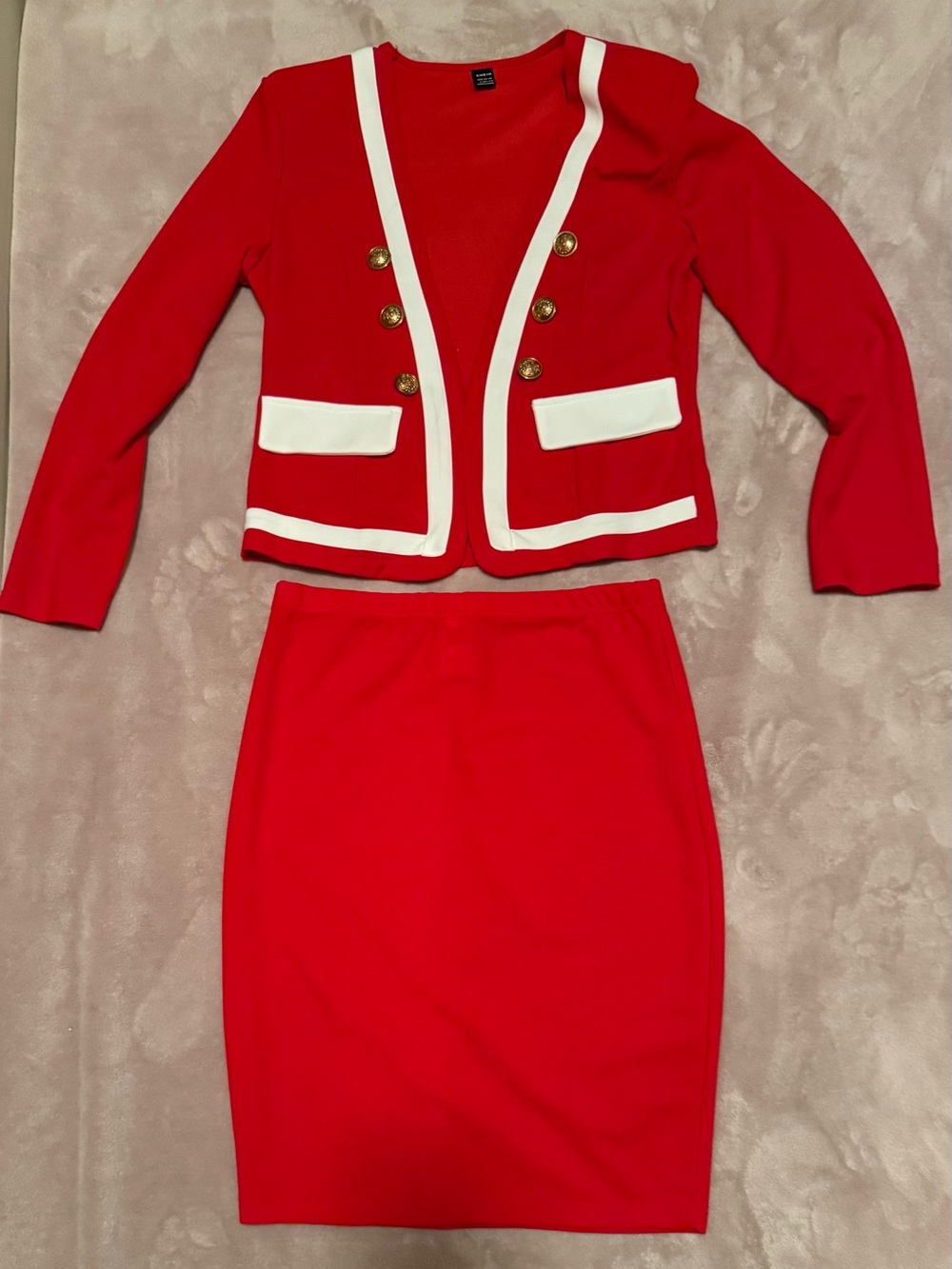 SHEIN Red Two-Piece Blazer and Pencil Skirt Set with White Trim
